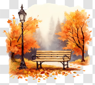 Autumn Park - Autumn Park With Bench And Lamp Post Transparent PNG