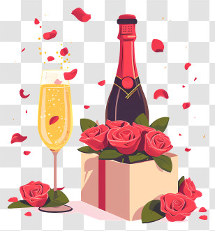 Valentine Champagne - Romantic Gift Setup With Champagne And Roses Transparent PNG