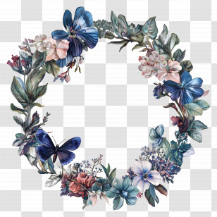 Blue Circle Frame - Delicate Floral Wreath With Butterfly Accent Transparent PNG