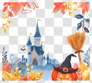 Halloween Frame - Halloween Frame With Castle And Pumpkin Transparent PNG