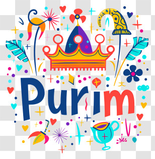 Purim - Purim Text With Crown And Decorations Transparent PNG