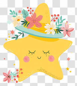Kawaii Star - Yellow Star With Floral Hat Transparent PNG