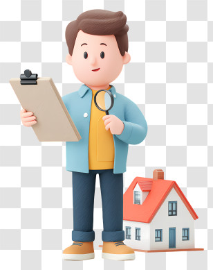 Real Estate Agent Evaluates Property - Cartoon Inspector With House And Magnifying Glass Transparent PNG