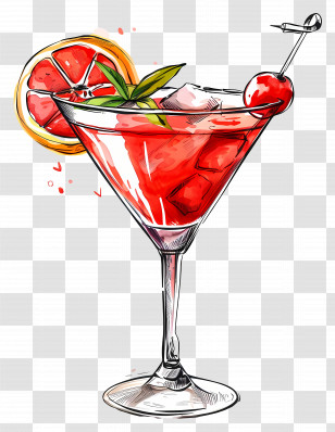Red Cocktail - Cocktail Glass With Red Drink And Garnish Transparent PNG