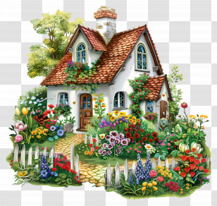 Cottage Garden - Charming Cottage With Colorful Flower Garden Transparent PNG