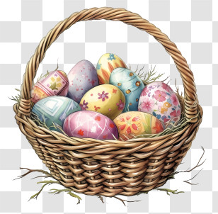 Hand Drawn Easter Egg Basket - Wicker Basket Filled With Painted Easter Eggs Transparent PNG