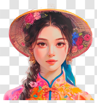 Vietnamese Girl - Beautiful Woman In Traditional Dress With Hat And Flowers Transparent PNG