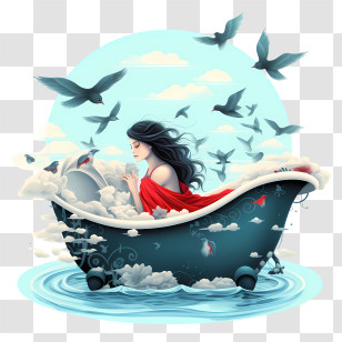 Bathtub Party Day - Dreamy Woman In Bathtub With Birds Transparent PNG