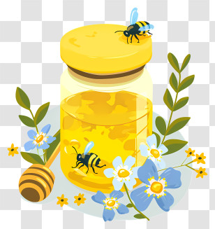 Honey Glass Jar - Honey Jar With Bees And Flowers Illustration Transparent PNG