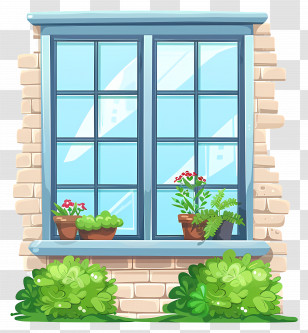 Home Window - Brick Wall With Window And Potted Plants Transparent PNG
