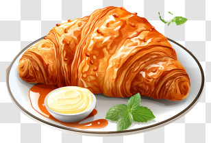 Croissant - Delicious Croissant With Butter And Mint On A Plate Transparent PNG