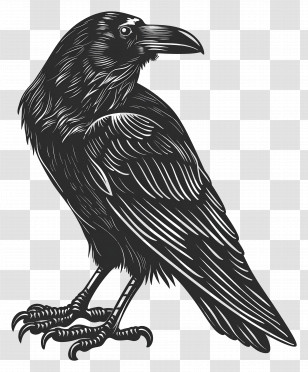 Raven - Black Raven Illustration With Detailed Feathers Transparent PNG