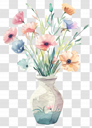 Flowers In Vase - Delicate Watercolor Vase With A Colorful Flower Bouquet Transparent PNG