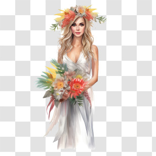 Wedding Dress
 - Bride With Bouquet And Flower Crown Illustration Transparent PNG