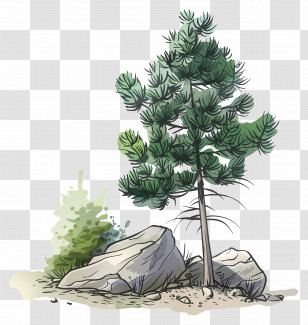 Pine Tree - Illustrated Pine Tree With Rocks And Shrubs Transparent PNG