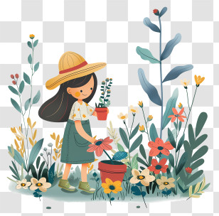 Gardening Day - Girl Gardening With Flowers Transparent PNG