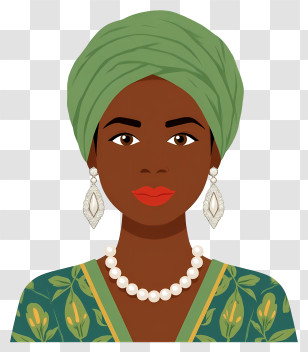African Woman Portrait - Green Turban Woman Illustration With Pearl Necklace Transparent PNG