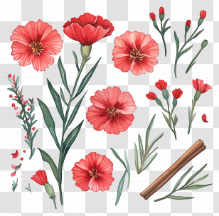 Carnations - Red Carnation Flower Set With Stems And Petals Transparent PNG