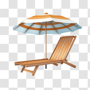 Deck Chair - Wooden Lounge Chair With Striped Umbrella Design Transparent PNG
