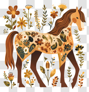 Brown Horse - Beautiful Floral Patterned Horse Illustration Transparent PNG