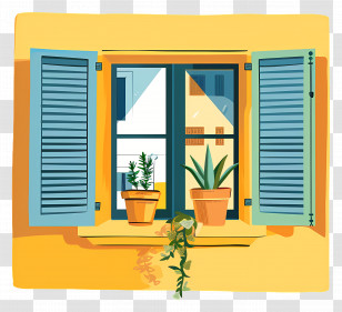 Open Windows - Window With Potted Plants And Blue Shutters Transparent PNG