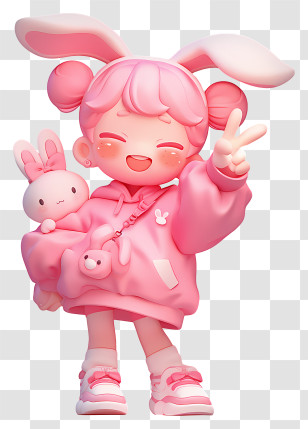 Anime Peace Sign - Pink Bunny Girl With Stuffed Toy Transparent PNG