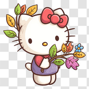 Hello Kitty Holding Autumn Leaf - Cartoon Cat With Autumn Leaves Transparent PNG
