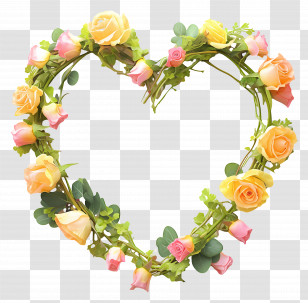 Heart Shaped Wreath - Yellow And Pink Heart Flower Wreath Transparent PNG