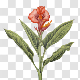 Canna Indica - Red Canna Flower With Green Leaves Transparent PNG