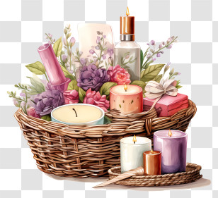 Wicker Basket - Decorative Basket With Candles And Flowers Transparent PNG