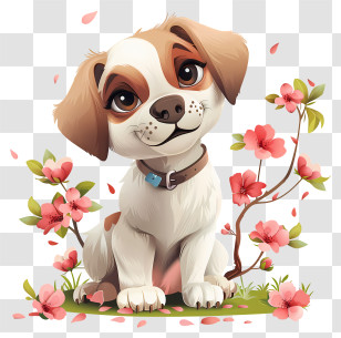 Puppy Day - Adorable Dog With Pink Blossoms Illustration Transparent PNG