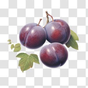Plums Fruit - Plump Purple Plums With Leaves Transparent PNG