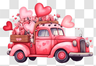 Hand Drawn Valentine Vehicle - Romantic Pink Vintage Truck With Hearts And Flowers Transparent PNG