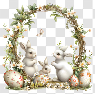 Easter Day Frame - Cute Bunnies With Easter Eggs And Flowers Transparent PNG