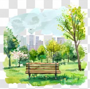 Spring Background - Park Scenery With A Wooden Bench And Greenery Transparent PNG