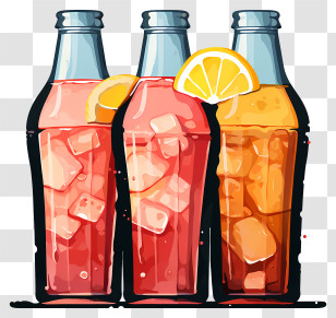 Watercolor Soft Drink - Bottled Fruit Drinks With Ice And Lemon Transparent PNG