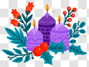 Candles - Purple Candles With Festive Flowers Transparent PNG