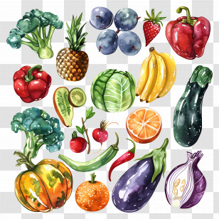 Vegetables And Fruits - Colorful Fruits And Vegetables In Watercolor Style Transparent PNG