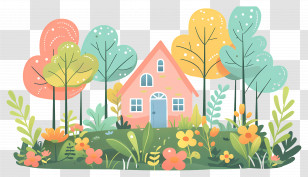 Cottage Garden - Cute Cartoon House With Garden And Trees Transparent PNG