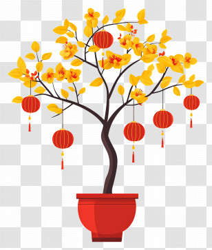 Yellow Flowers - Yellow Blossom Tree With Red Lanterns For Festive Decoration Transparent PNG