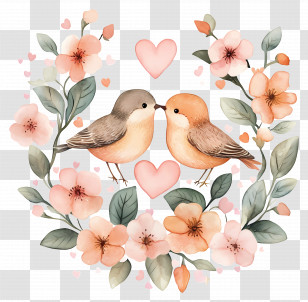 Lovebirds - Birds With Flowers And Heart Transparent PNG