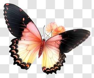 Realistic Elegant Butterfly - Orange And Black Butterfly Illustration With Flowers Transparent PNG