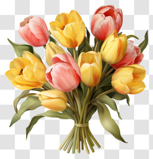 Pastel Tulips Bouquet - Bouquet Of Pink And Yellow Tulips In Realistic Style Transparent PNG