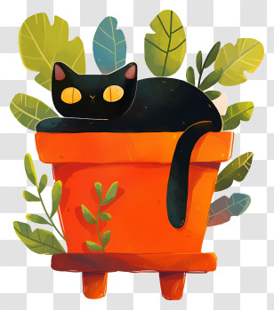 Black Cat - Black Cat Resting In A Plant Pot Transparent PNG