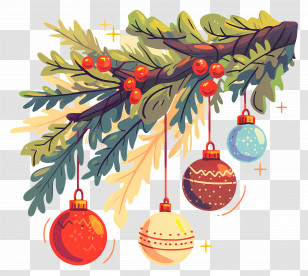 Christmas Balls On A Branch - Christmas Tree Branch With Hanging Ornaments Transparent PNG
