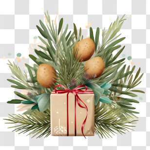 Christmas Present - Holiday Gift Box With Pine Branches Transparent PNG