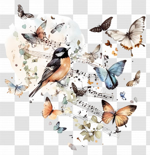 Music - Bird And Butterflies With Music Notes Artwork Transparent PNG
