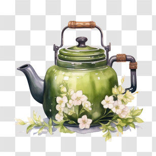 Teapot - Green Floral Teapot With Flowers Transparent PNG