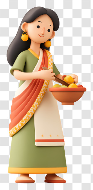 Woman Doing Diwali Cooking - Woman Holding Fruit Bowl In Traditional Dress Transparent PNG