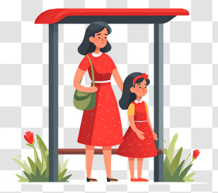 Bus Stop - Mother And Daughter Waiting At Bus Stop Transparent PNG